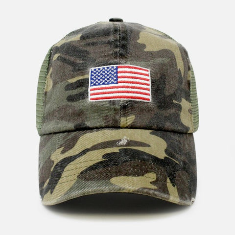 Distressed Camo Hat with American Flag Embroidery